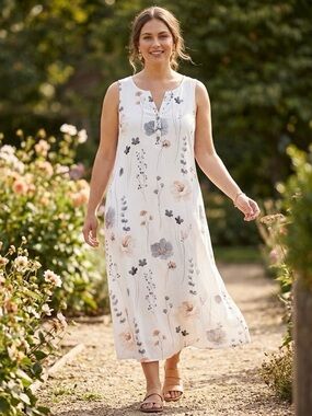 🔴 NORACORA Watercolor Floral Midi Dress Boho Summer Sleeveless V-Neck M
